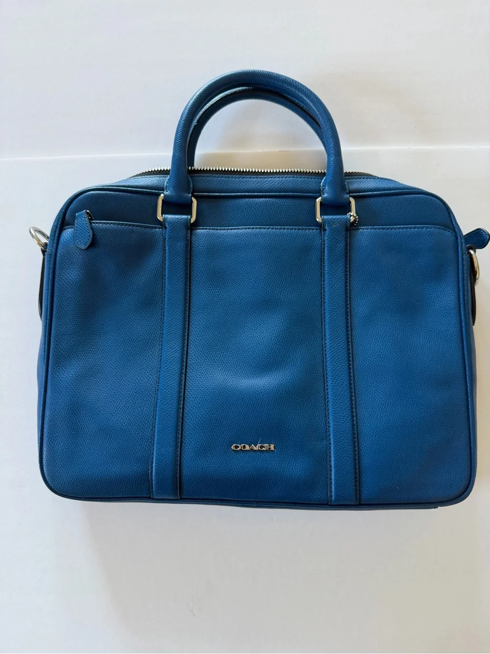Coach Blue Pebbled Leather Men's Briefcase with Gold Hardware